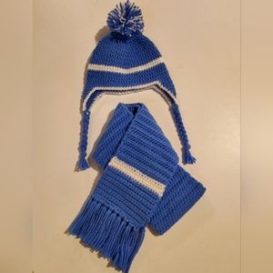 Toddlers blue and white hand crochet hat and scarf set